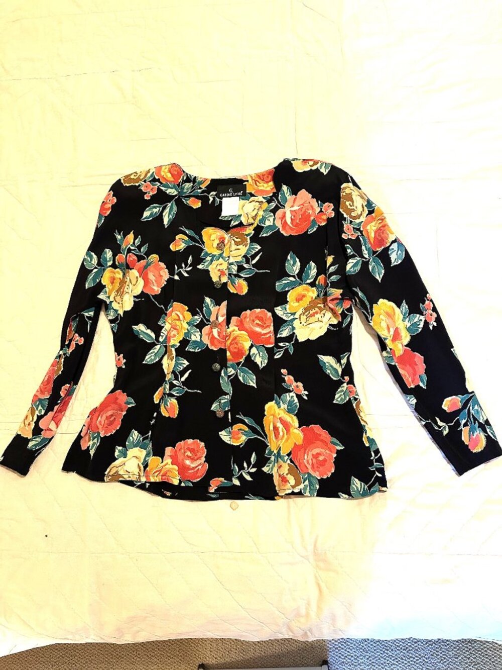 Vintage Carole Little Black Floral Blouse Rayon Crepe Dolman Sleeve Size 6